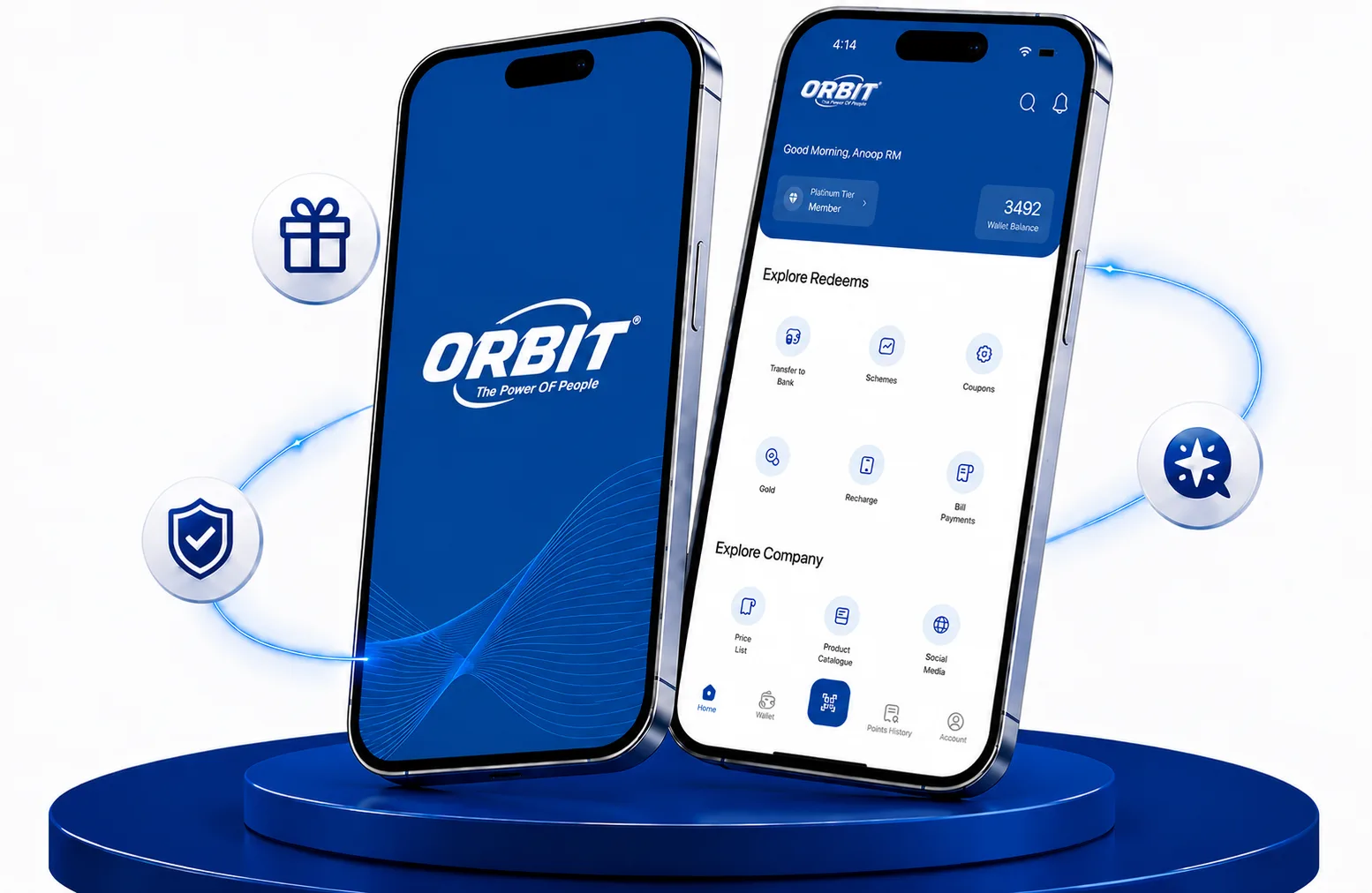 Orbit Fortune App on two phones — splash screen and the rewards dashboard with Explore Redeems and Explore Company sections
